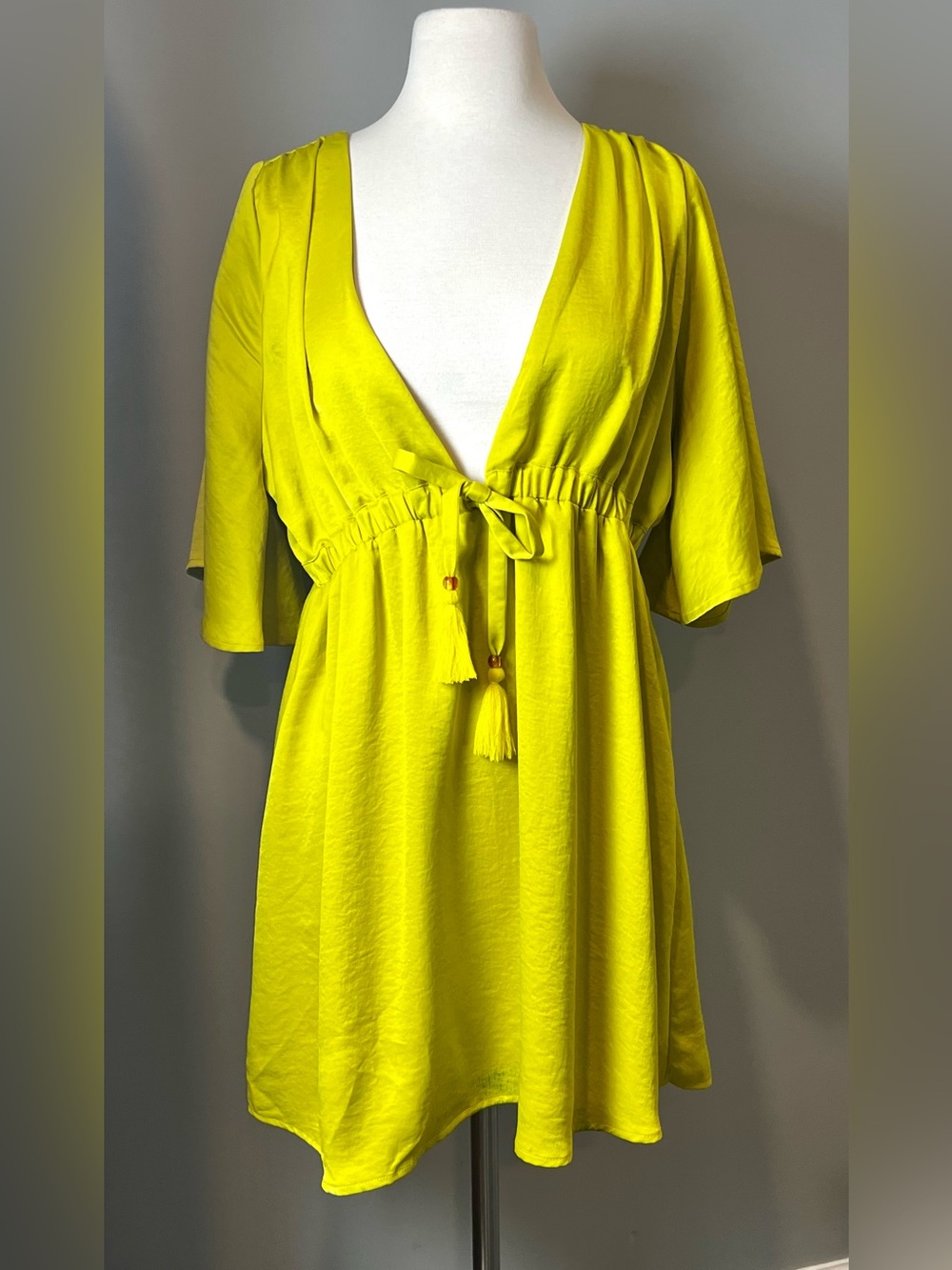 Chartreuse V-Neck Tie-Waist Women's Dress